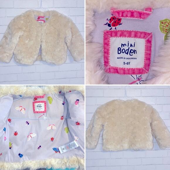 Mini Boden Other - MINI BODEN $110 Ivory Faux Fur Coat Jacket Girls size  5-6 years EUC